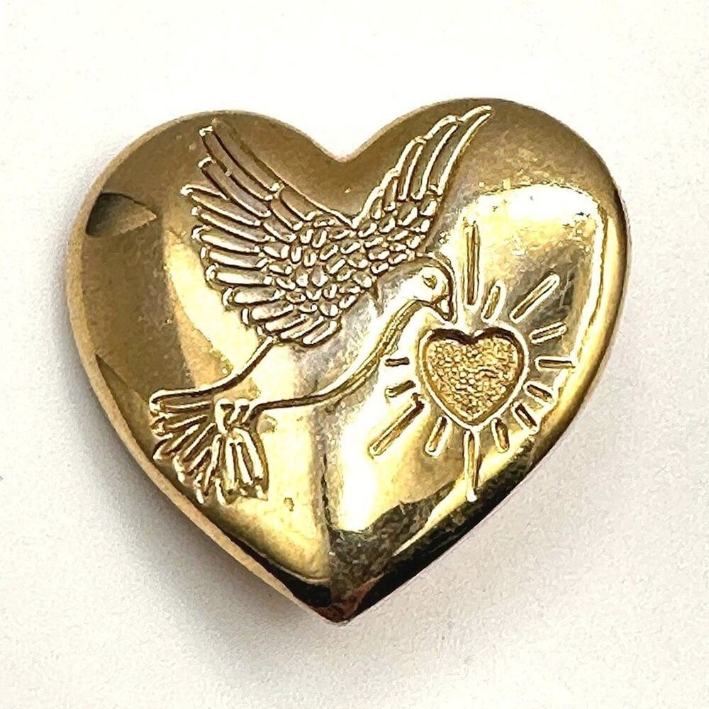 Vintage Gold Tone Puffy Heart Brooch Flying Dove Religious Peace Pin Retro Boho